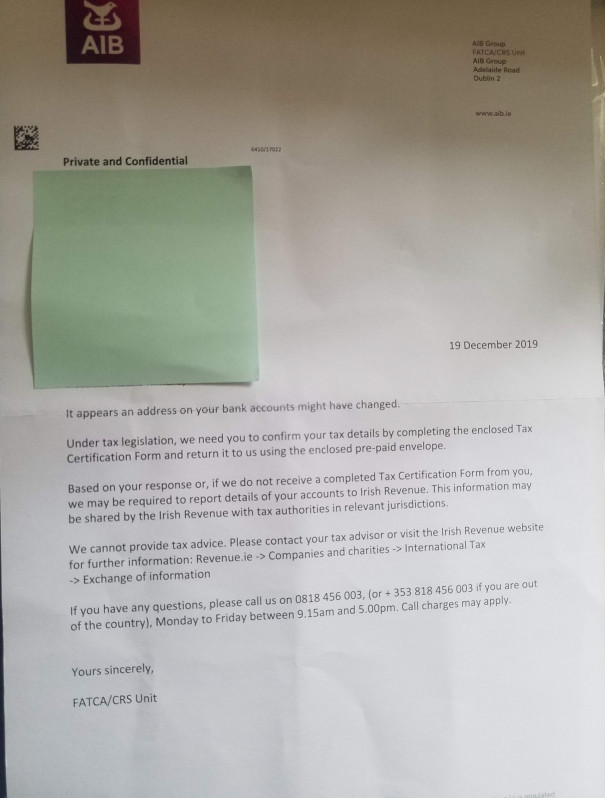 Aib アイルランドの銀行 からtaxに関する手紙 Yms編 Working Holiday In Ireland