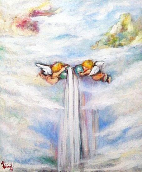 水彩画　百合と天使 水彩画 百合と天使