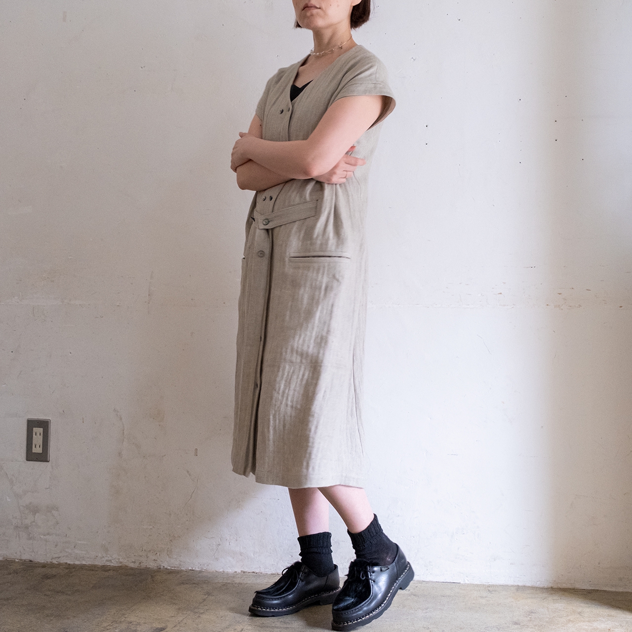 double-breasted dress／herringbone linen〈gray×beige〉 | SALUÉ