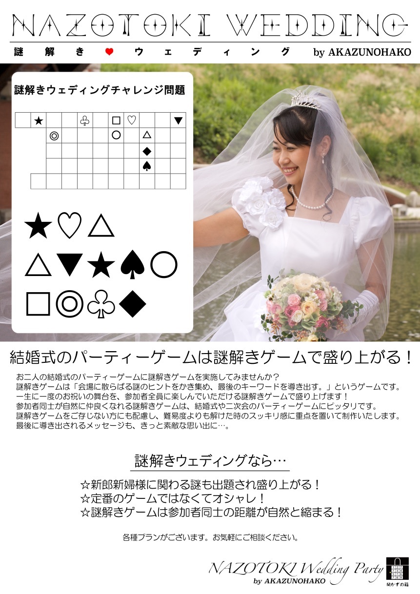 結婚式の披露宴や二次会にも謎解きゲーム 脱出ゲーム Bye Bye開かずの箱