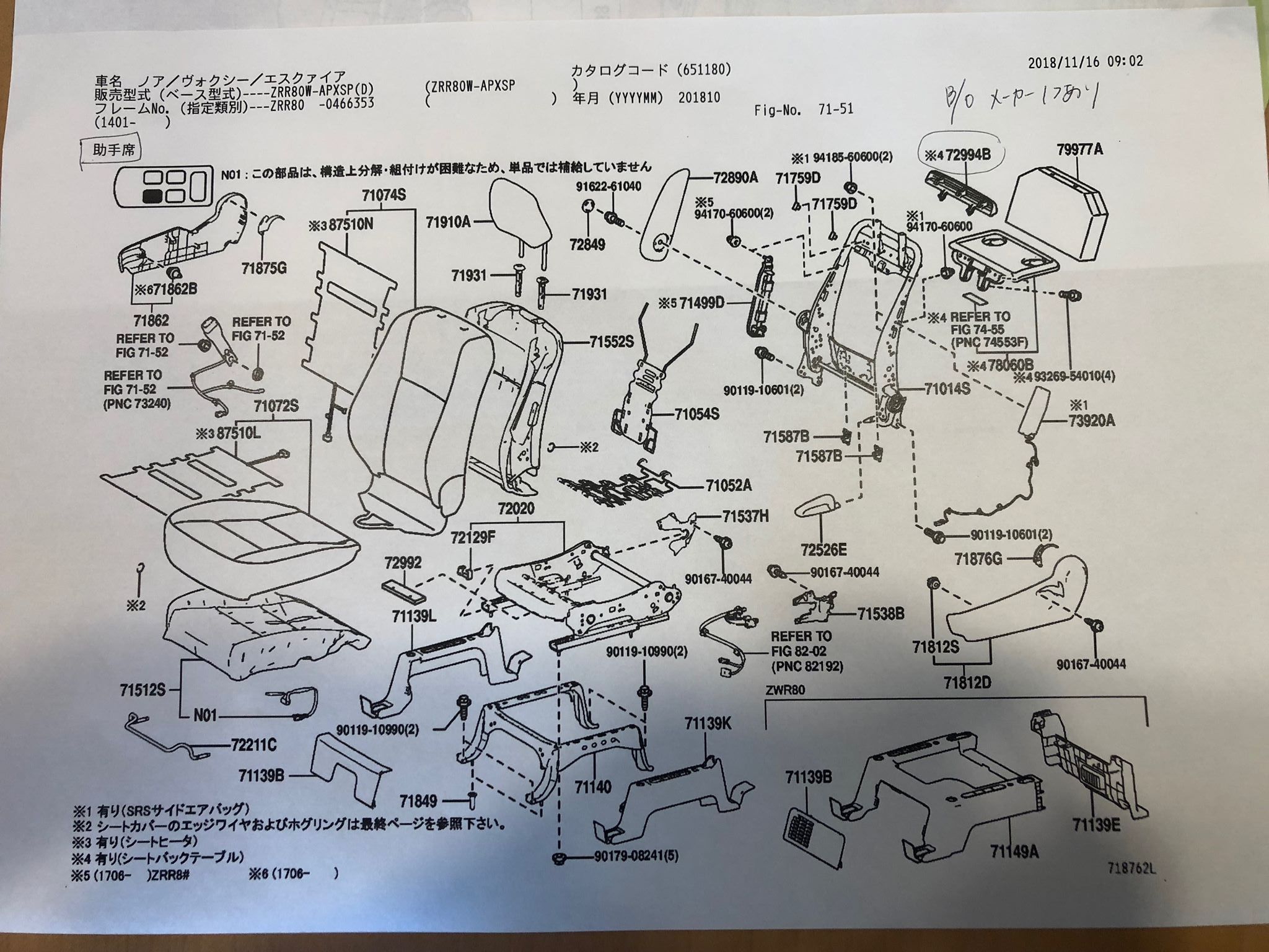 純正部品 | 2018年式 （平成30年） NOAH ノア ZRR80の記録