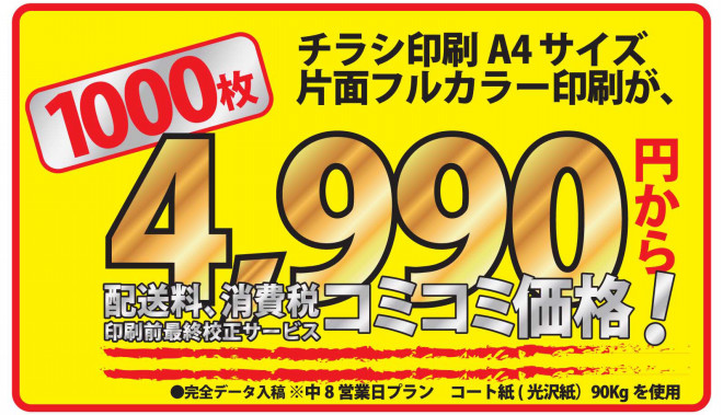 校正作業は当店が行います だからミスプリントが少ない チラシ印刷 サイズコート90kg 1000枚が4990円から 印刷が安い かんたん 印刷通販サイト デザインファクトリー