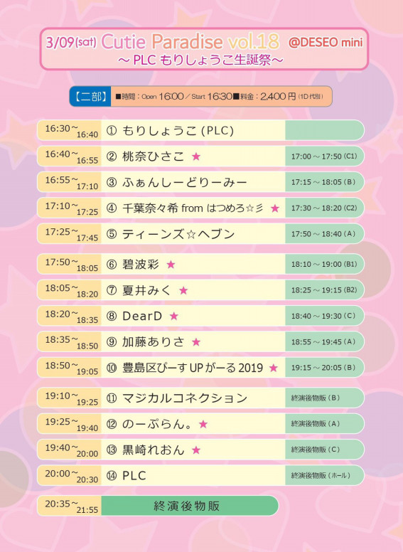Cutie Paradise Vol 18 Plc もりしょうこ生誕祭 二部 タイムテーブル公開 Nurserys Official Website