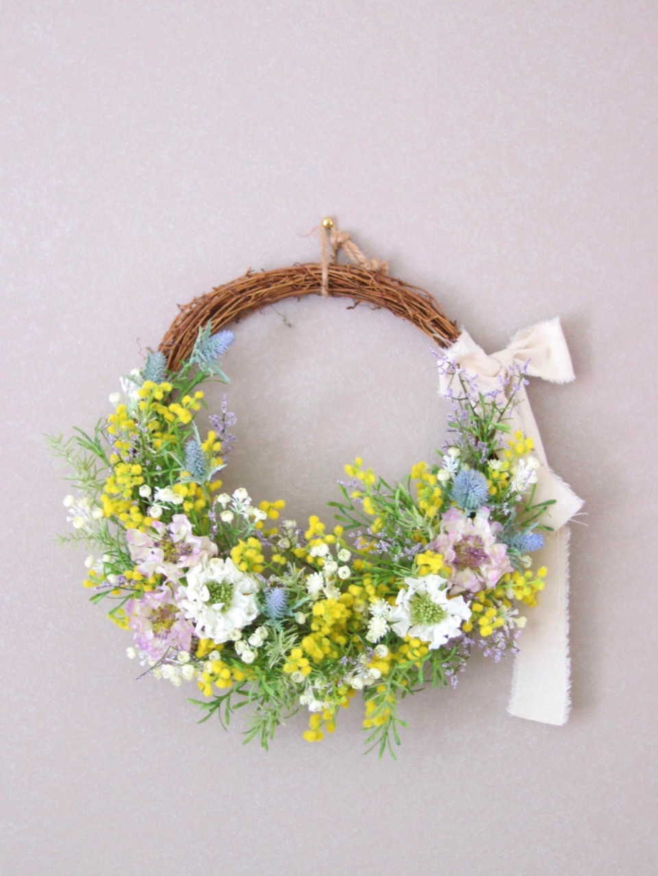 ハルイロ❁春花ミモザの三日月リース ミモザリース 桃の節句へ パール  