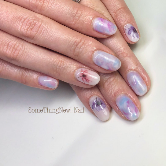 水色のマーブルネイル フラワー Somethingnew Nail