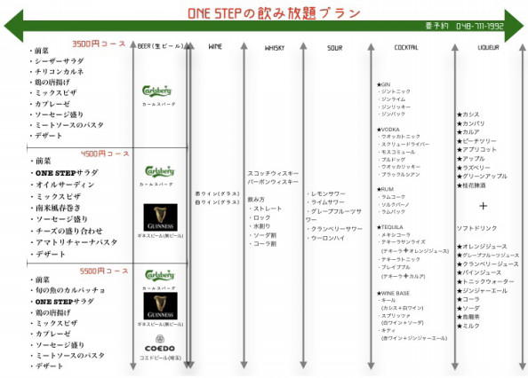 南浦和店の飲み放題メニュー レストラン バー ワンステップ 浦和店 南浦和店 さいたま市の小さなレストラン