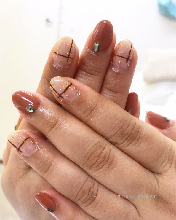 テラコッタカラーとチェック柄ネイル ネイルサロンcoeur クール テラコッタカラーとチェック柄ネイル ネイルサロンcoeur クール