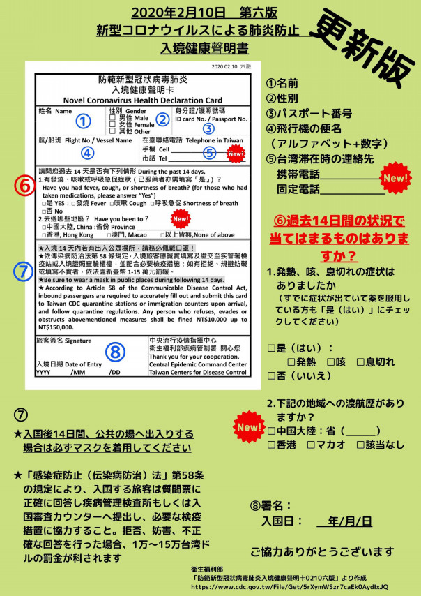 新型コロナウイルスについての情報 2月12日現在 山水旅行社 台湾の旅行会社