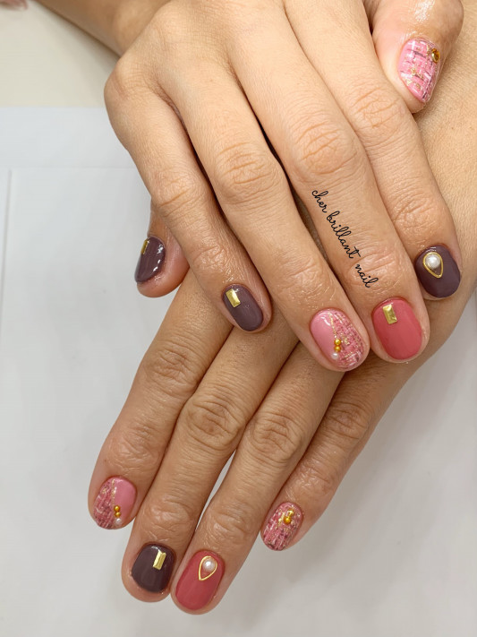 チョコレートカラーネイル ツイードネイル Cher Brillant Nail