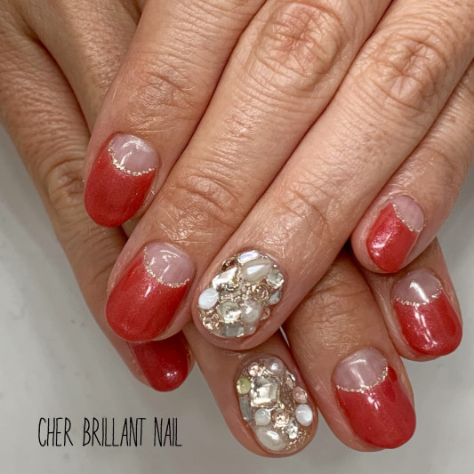 テラコッタ逆フレンチとビジューネイル Cher Brillant Nail シェルブリアンネイル