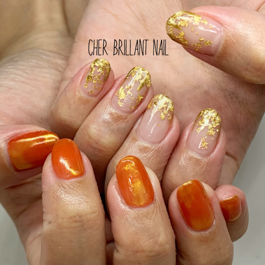 アシメネイル ゴールドとオレンジパールネイル Cher Brillant Nail シェルブリアンネイル