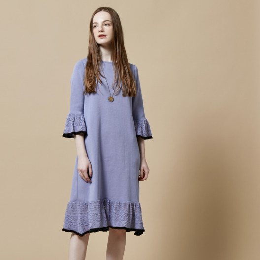 DiDi Guranjie 袖部分＆裾レーシー編み ニットワンピース（ライラック  