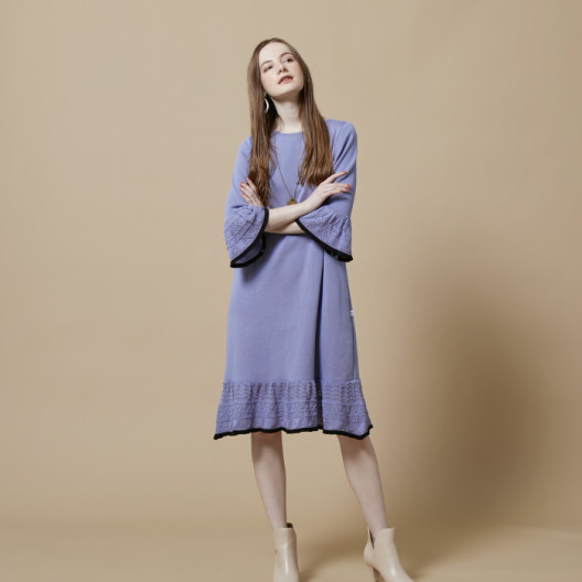 DiDi Guranjie 袖部分＆裾レーシー編み ニットワンピース（ライラック  