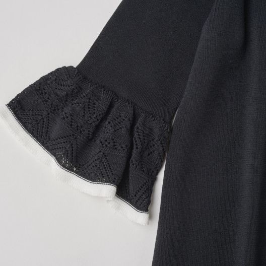DiDi Guranjie 袖部分＆裾レーシー編み ニットワンピース（ブラック  