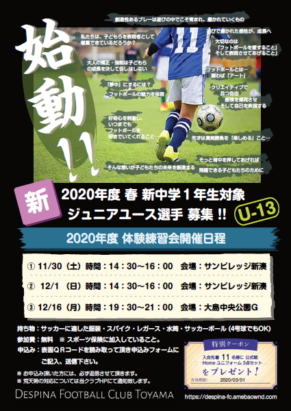 体験練習会 第１次募集 チラシ Despina Football Club Toyama