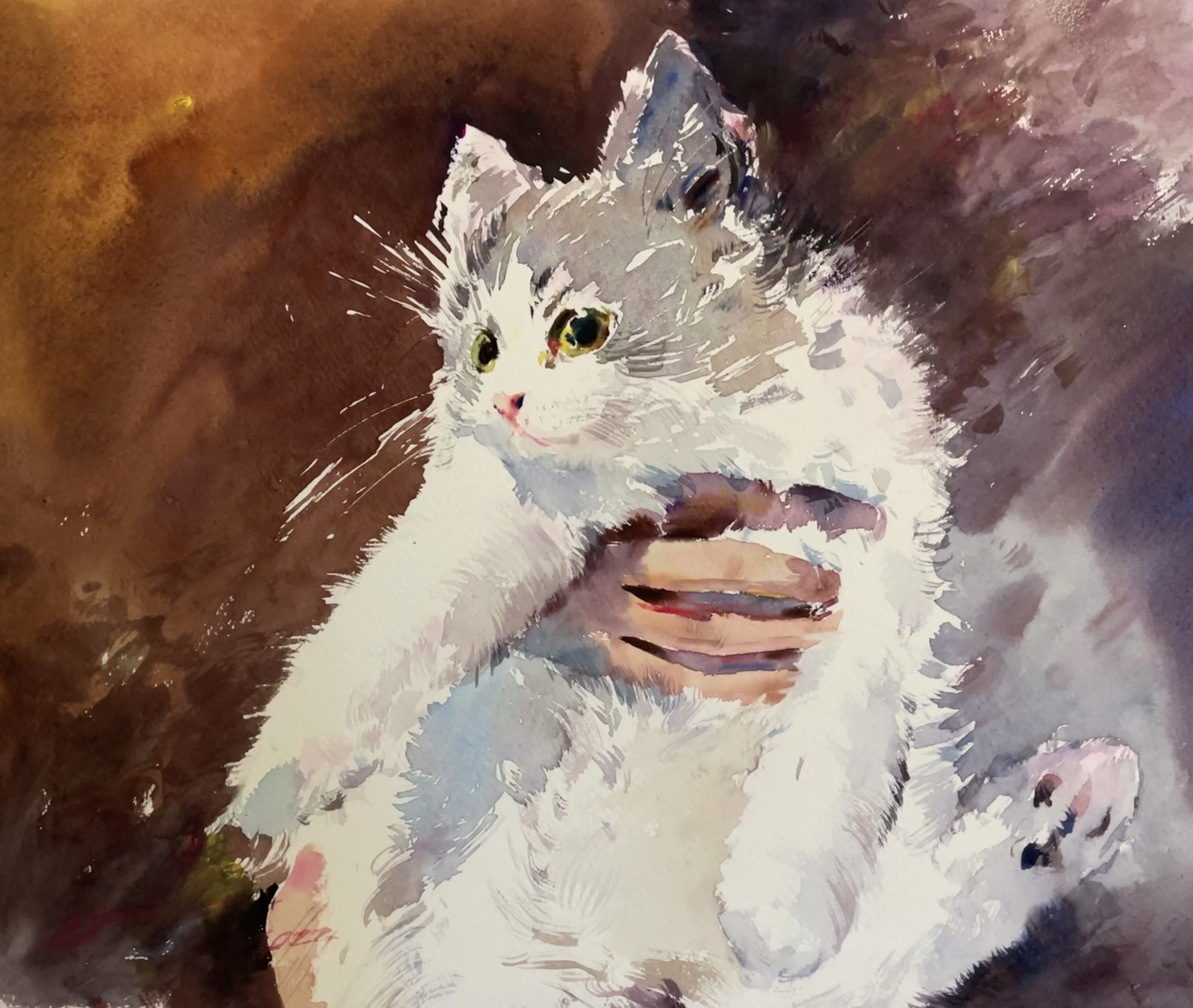 水彩画 猫の絵 原画 ラメ水彩絵の具使用 - 絵画