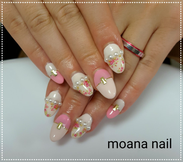 スカルプ付け放題7000円 小花柄 パール Moana Nail 名古屋市守山区の自宅ネイルサロン Moananail ﾓｱﾅﾈｲﾙ