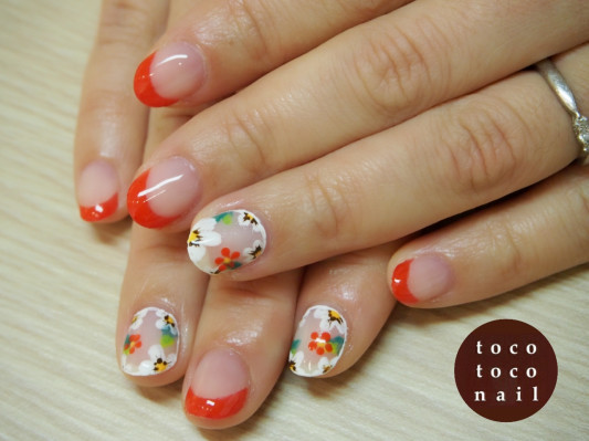 赤フレンチ お花 ジェルネイル Tocotoco Nail