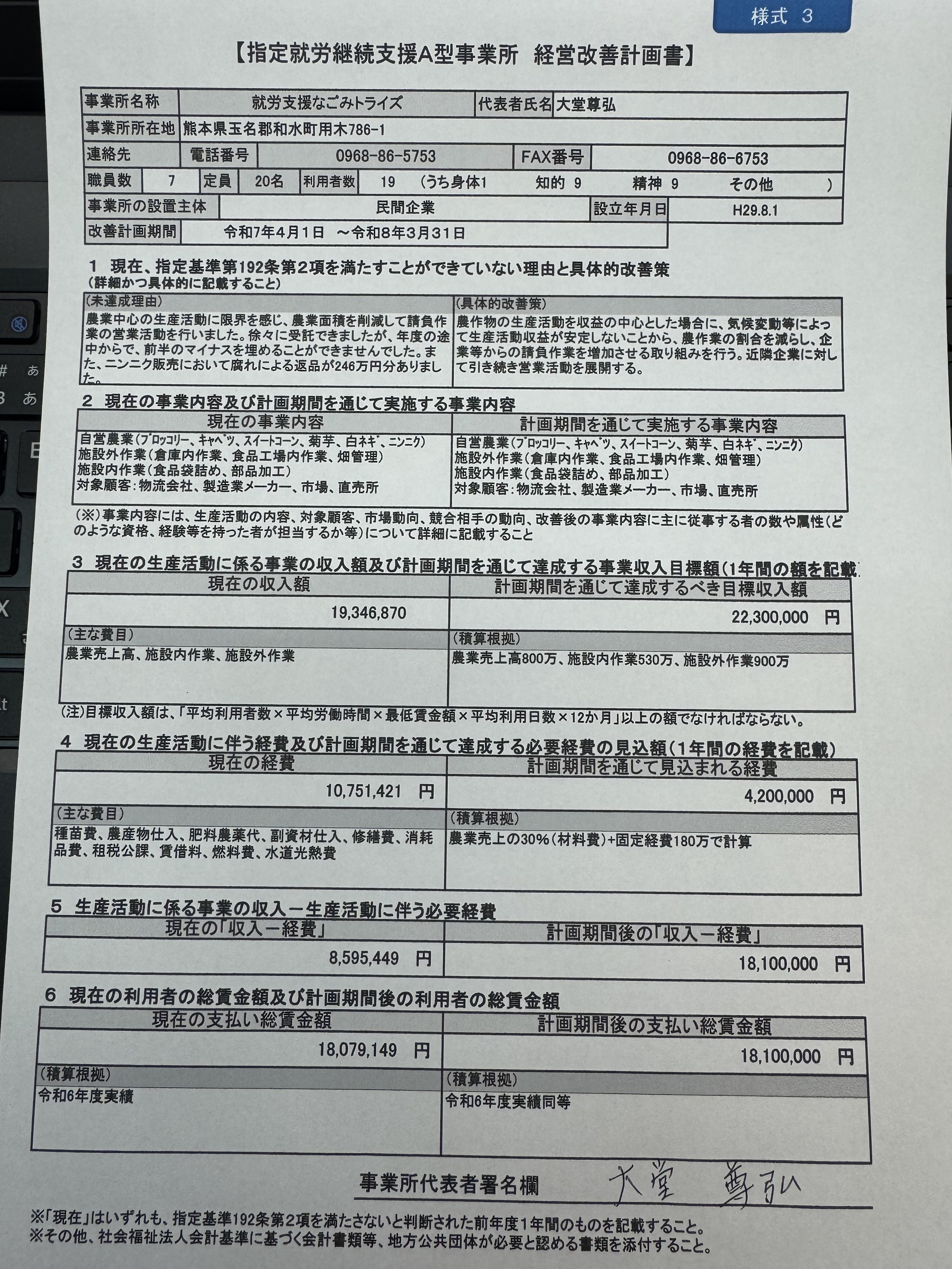 R7年度 経営改善計画書 | 就労支援 なごみトライズ 就労継続支援A型