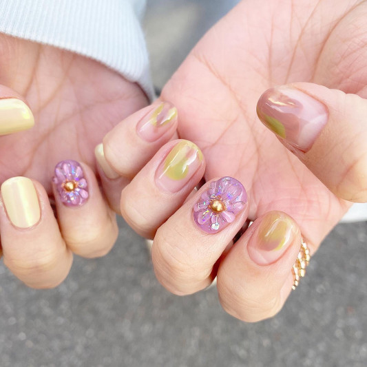 お客様ネイル ちぐはぐ ぷっくりフラワー Nailsalon Beryl