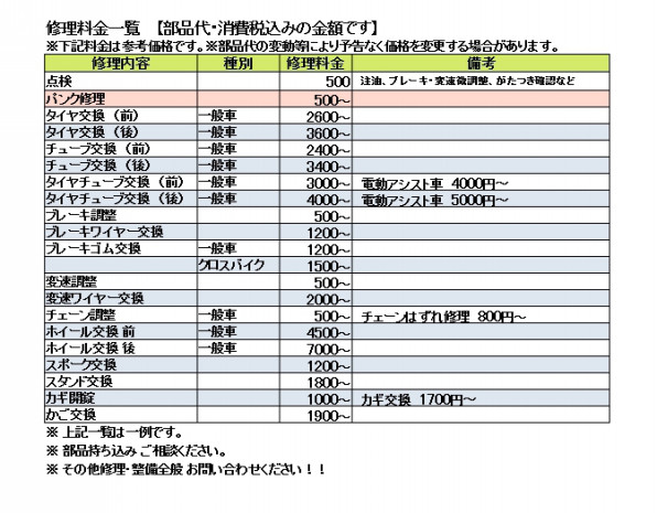 修理料金 自転車サガノ 出張修理 京都市