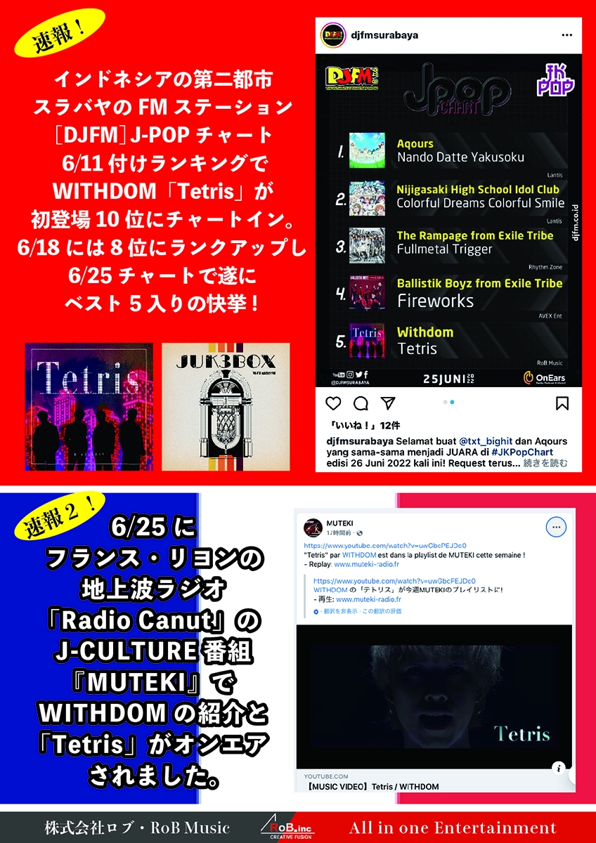インドネシア・スラバヤ[DJFM] J-POP週間チャート「Tetris」5位