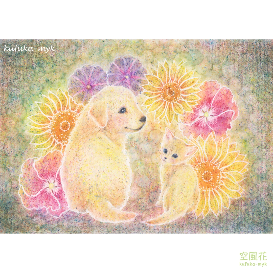 夏の花イラスト2点☆振り返る犬と猫＆蝶と紫陽花 | 空風花