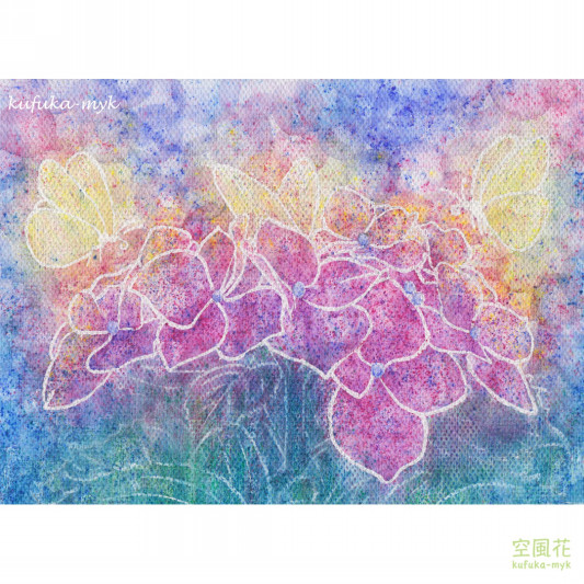 夏の花イラスト2点 振り返る犬と猫 蝶と紫陽花 空風花 Illustration Design